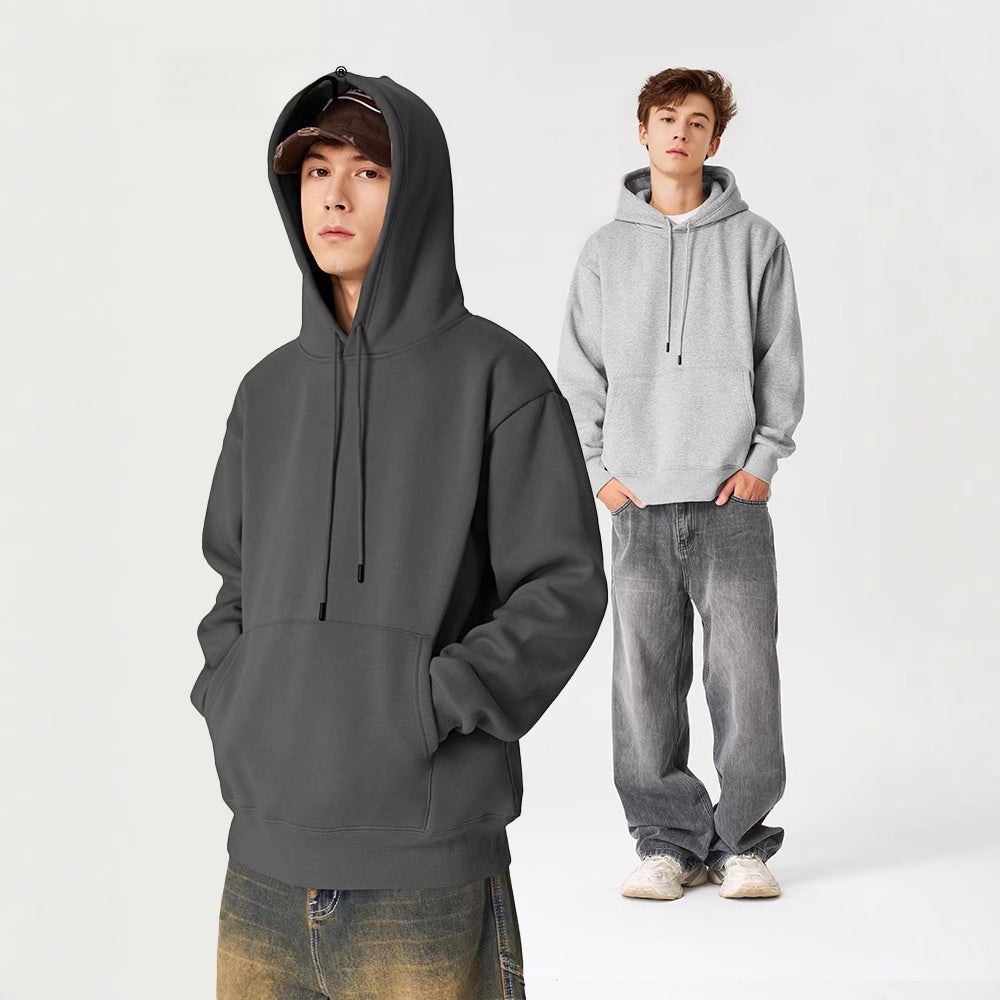 Men Solid Color Fleece Hooded Sweatshirt 350g Heavyweight Pullover