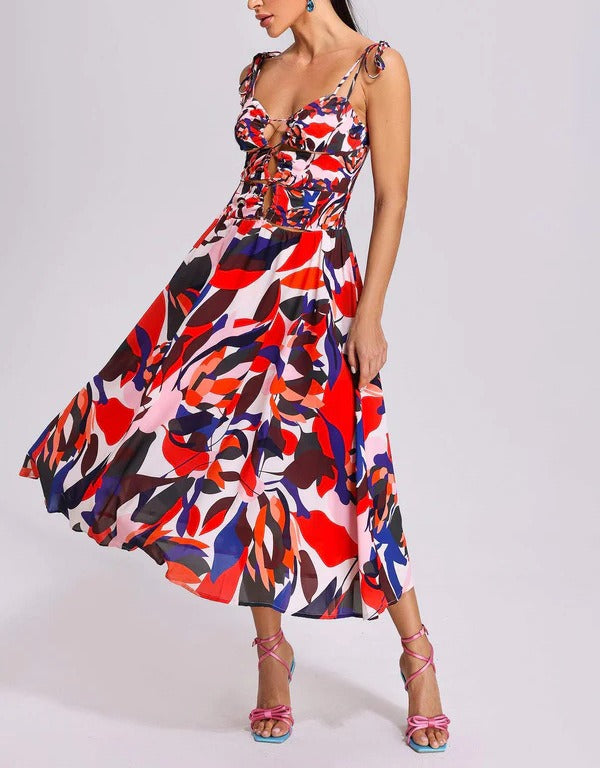 Bohemian dress, large swing beach skirt, summer strap, V-neck print, sleeveless backless new style