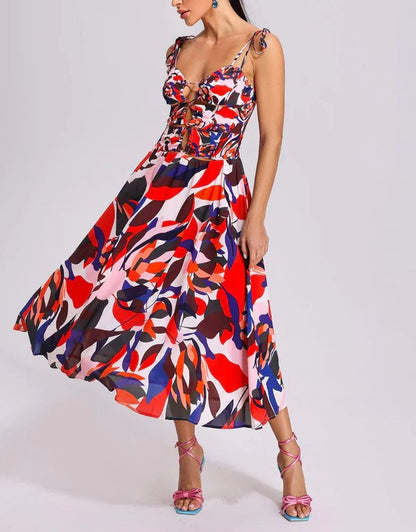 Bohemian dress, large swing beach skirt, summer strap, V-neck print, sleeveless backless new style