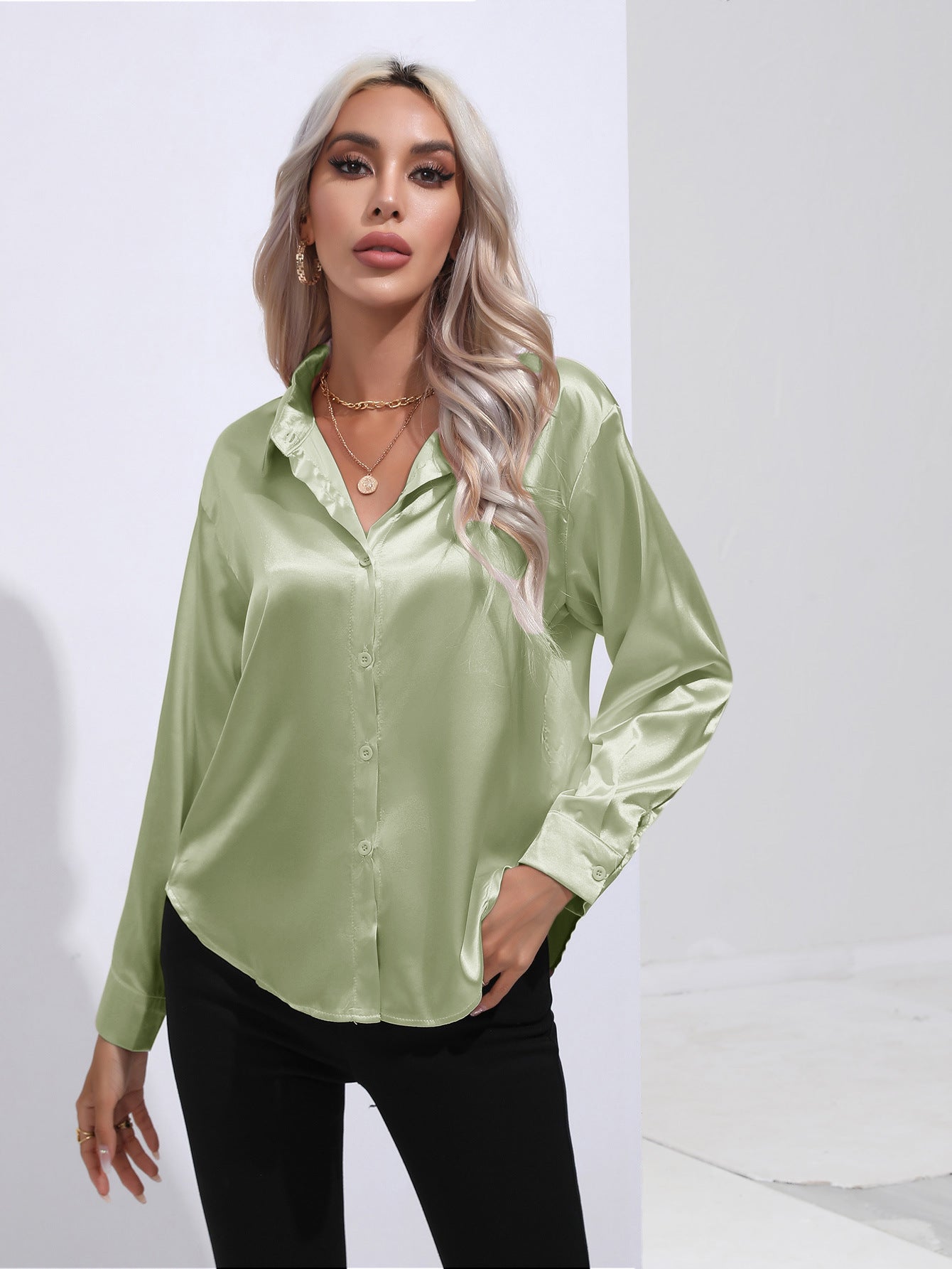 Womens Long Sleeve Satin Shirt