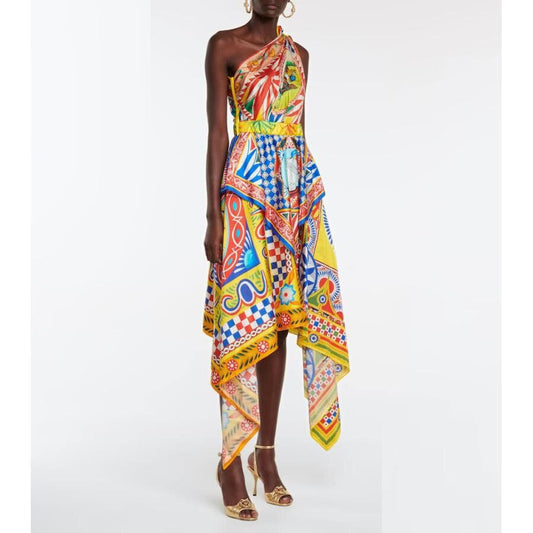 Designer catwalk midi-jurken met één blote schouder voor dames