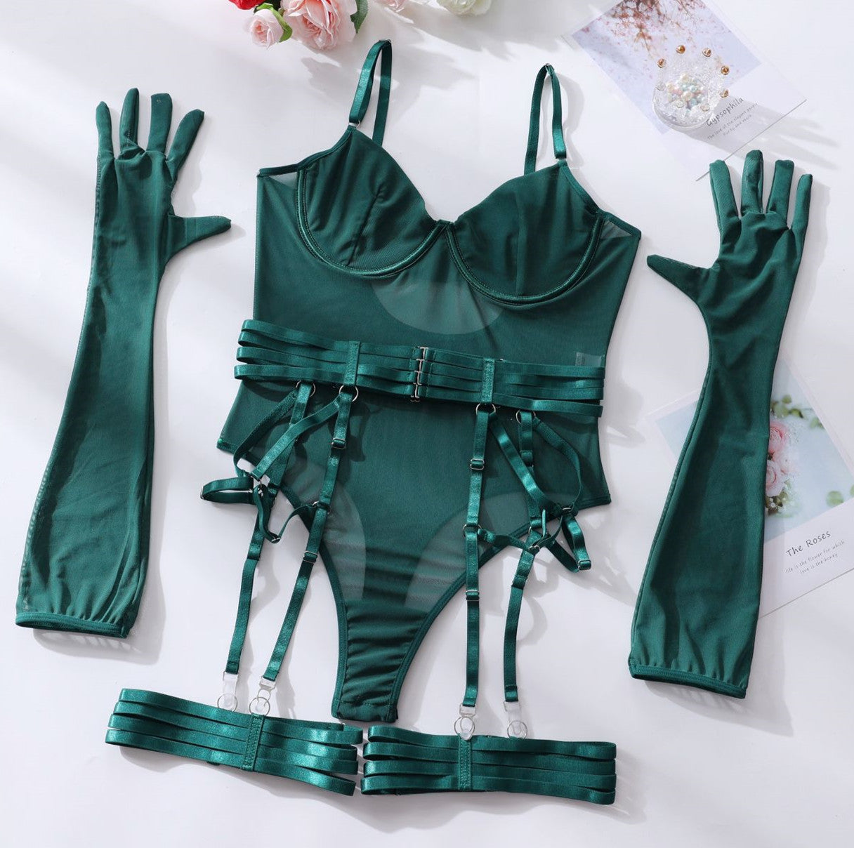 Sexy Lingerie One-Piece Bodysuit with Gloves and Bandage Transparent Mesh Underwear