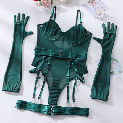 Sexy Lingerie One-Piece Bodysuit with Gloves and Bandage Transparent Mesh Underwear