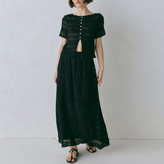 Pure Color Pleated Blouse and Skirt