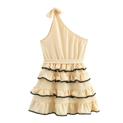 Summer fashion sleeveless shell craft slanted shoulder cake skirt dress for women