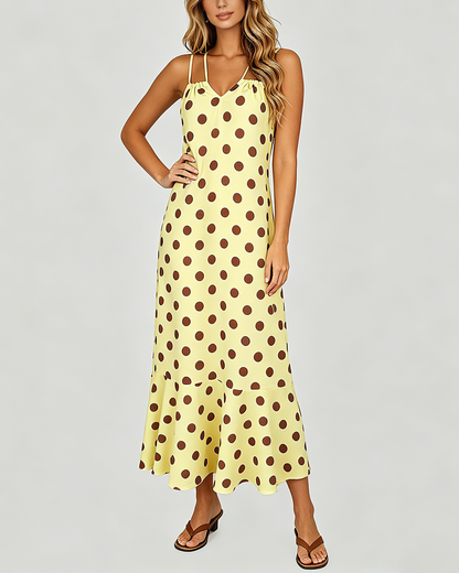 Women's Fashion Loose Banded Drawstring Backless Sleeveless Brown Dot Yellow Dress