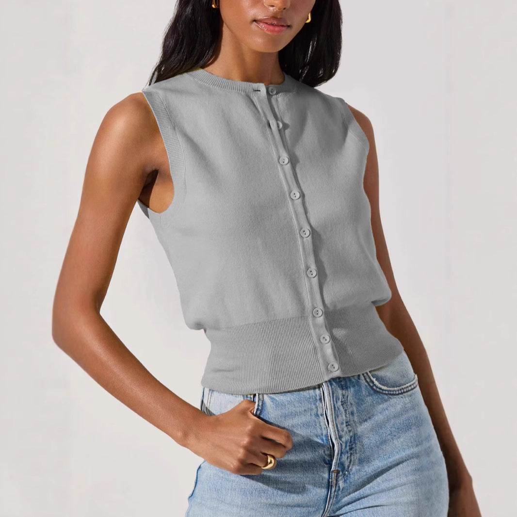Sexy Sleeveless Knitwear Vest with Buttons for Women Summer