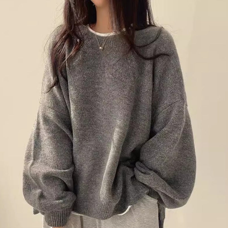 Casual Versatile Solid Color Slit Pullover Loose Long-Sleeve Women's Sweater