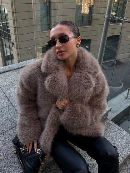 Women's Loose Fit Imitation Fur Coat Long Sleeve Suit Collar Winter Warm Outerwear