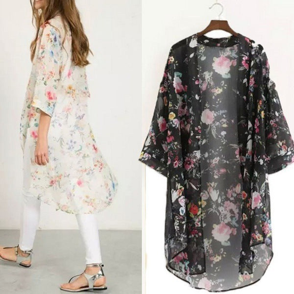 Zomerse lange chiffon kimono cardigan met print Amerikaans
