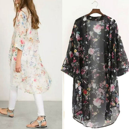 Zomerse lange chiffon kimono cardigan met print Amerikaans
