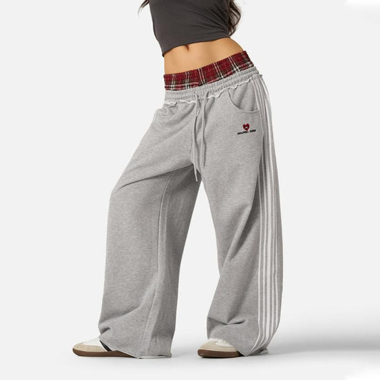 Y2K retro street double waistband plaid spliced hoodie pants casual loose straight-leg pants sport pants ins