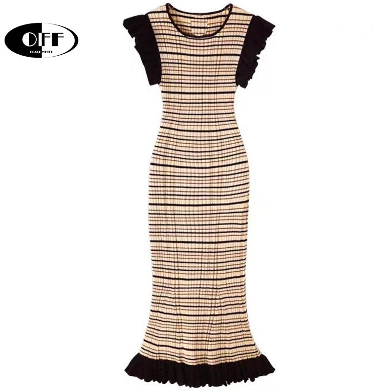 OFF summer streetwear chic korean new in fashion stripe bodycon knitted midi dresses for women casual ruffles O-neck dress femme