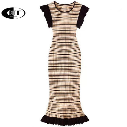 OFF summer streetwear chic korean new in fashion stripe bodycon knitted midi dresses for women casual ruffles O-neck dress femme