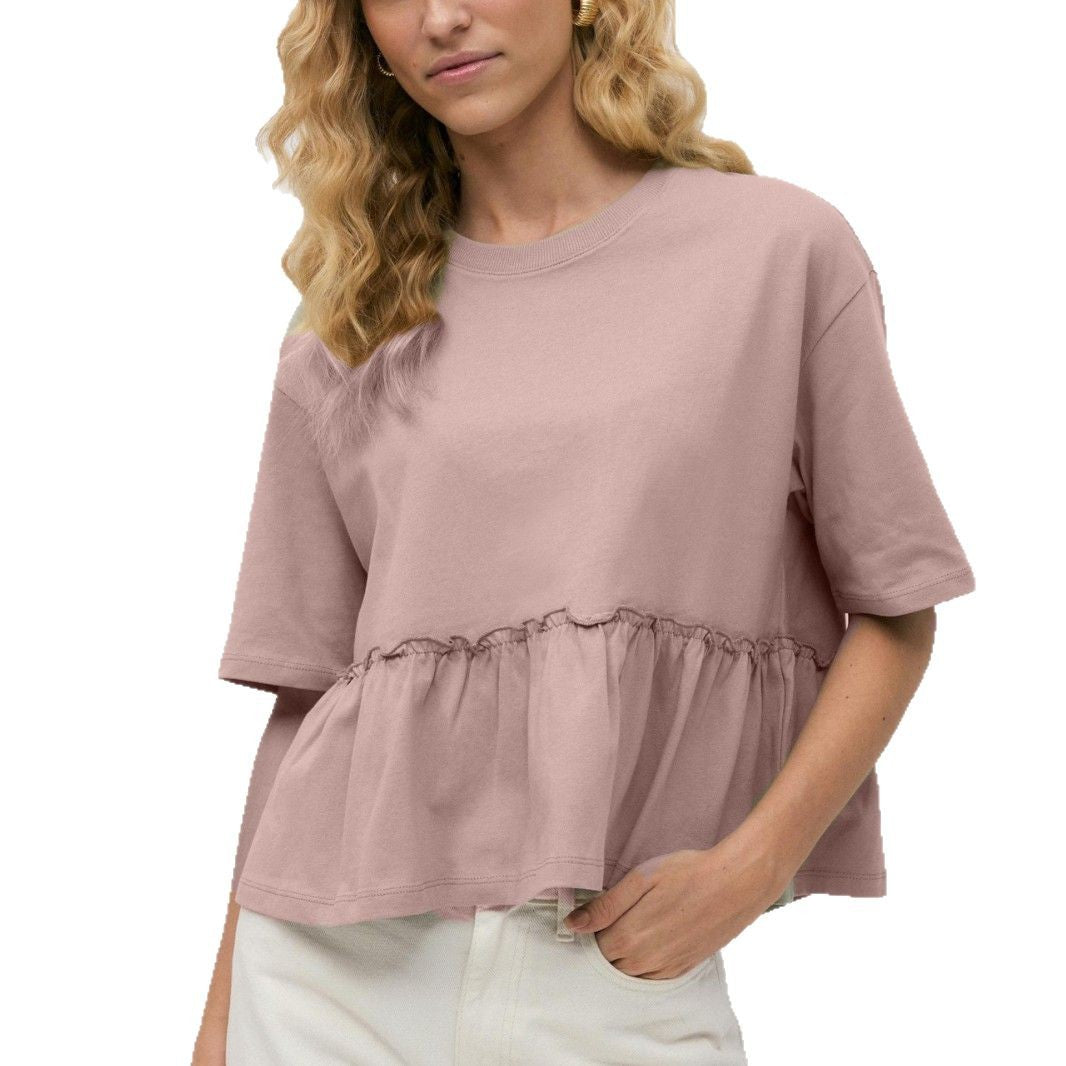 Style Pure Cotton Round Neck Pleated T-Shirt Women's Soft Loose Casual Versatile Top
