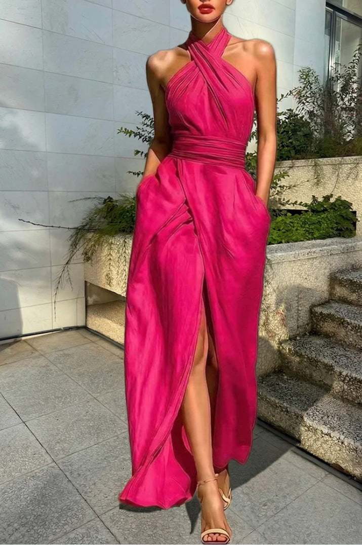Elegant Fitted Sleeveless Solid Color Dress Women's Dress