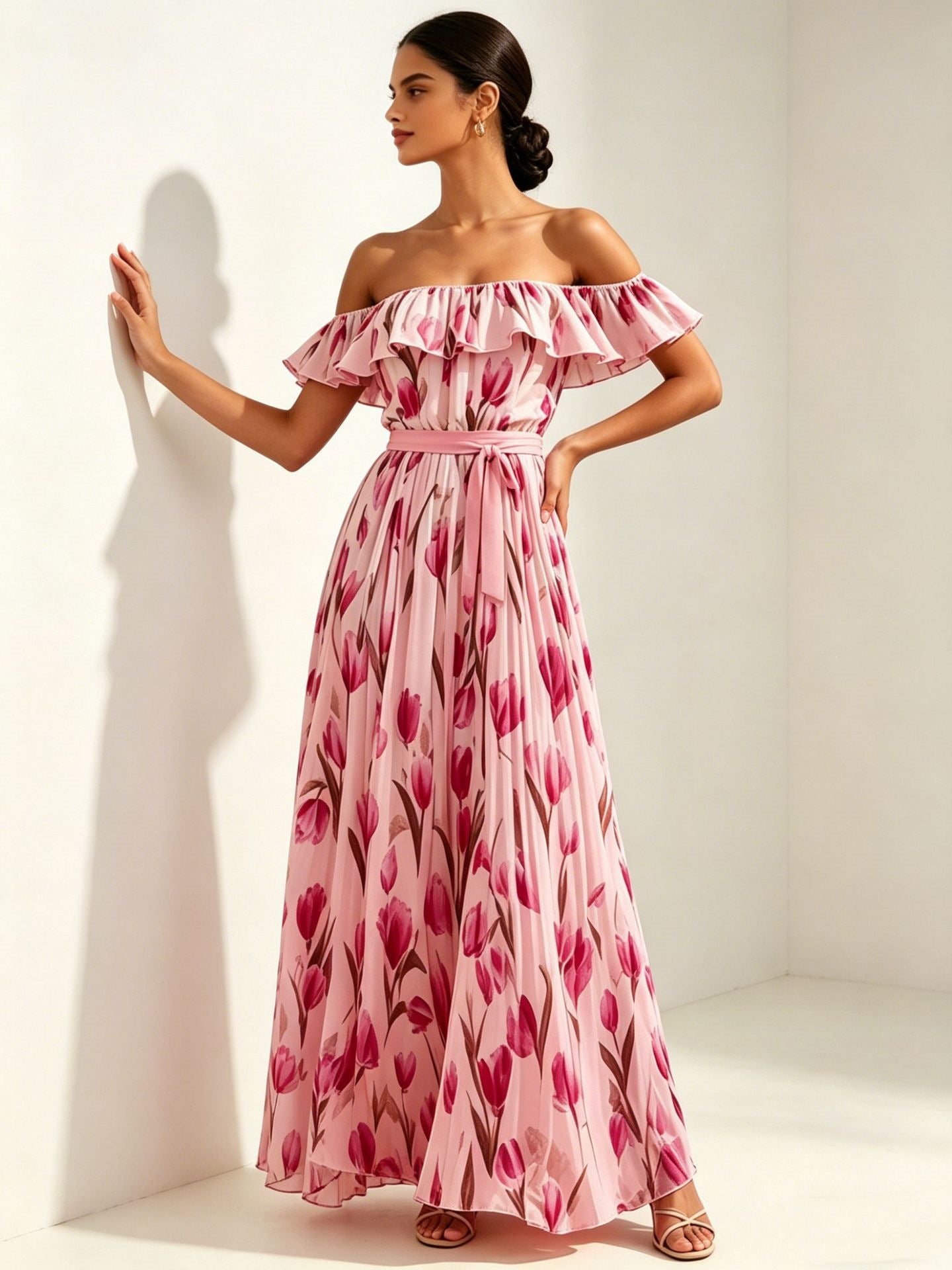 Printed long skirt with waist cinching and large swing dress