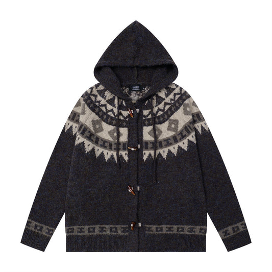 Gebreid vest met capuchon en knopen in stierenhoornmotief