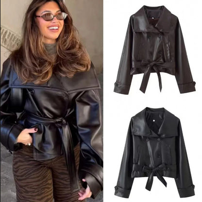 Retro Two-Tone Double-Breasted Leather Jacket with Tie Detail