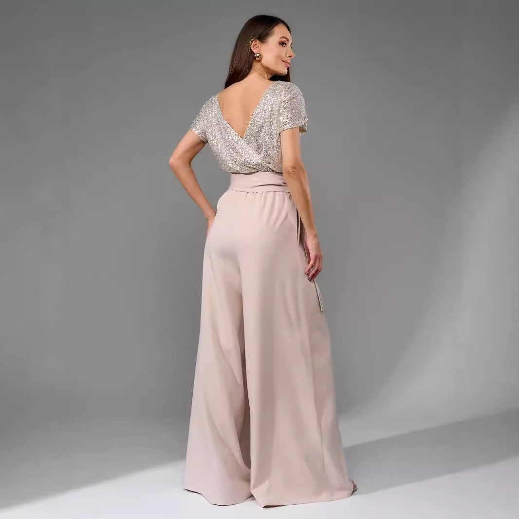 Europese eendelige pailletten korte mouwen jumpsuit