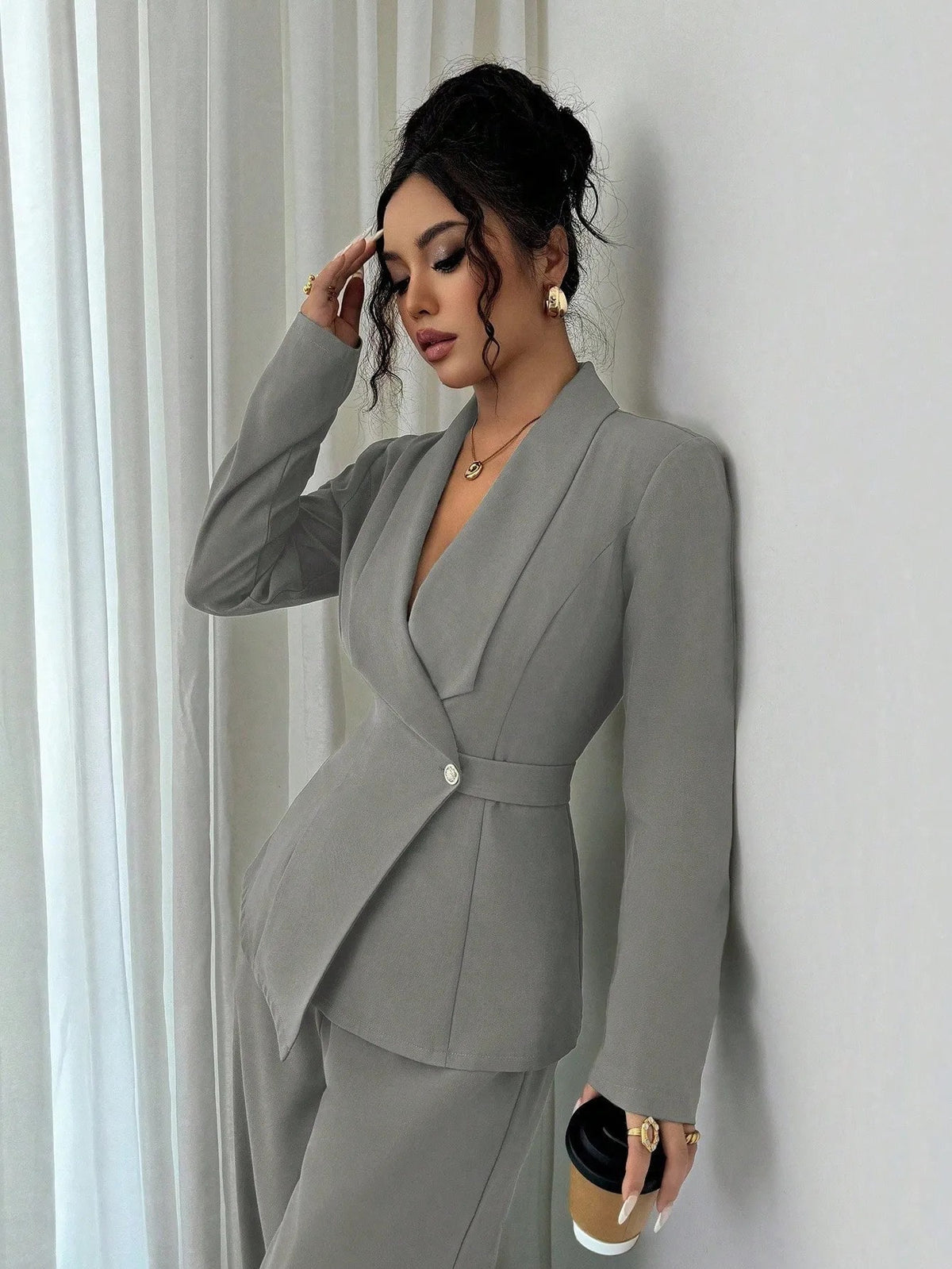 Women's V Neck Long Suit Jacket Wide Leg Pants Two Piece Set