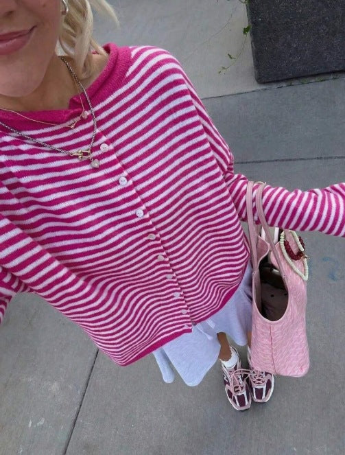 Women's Striped Knit Button-Front Long Sleeve Cardigan
