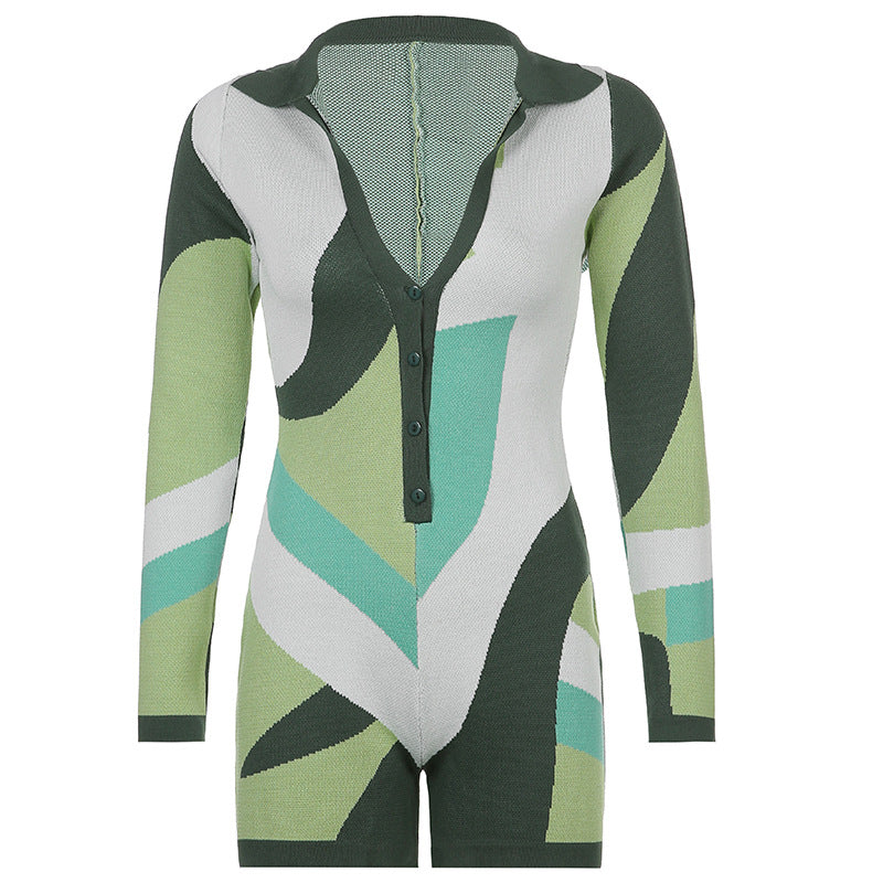 Spice Girls New American Lapel Knitted Color Block Stitching Long Sleeve Jumpsuit Shorts