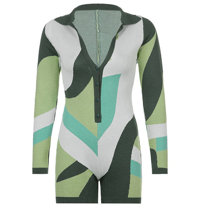 Spice Girls New American Lapel Knitted Color Block Stitching Long Sleeve Jumpsuit Shorts