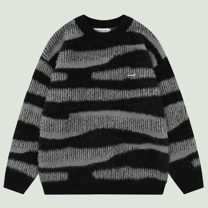 High Street Zebra Striped Patchwork Knitted Sweaters Mens Hip Hop Harajuku Casual Loose O-Neck Y2K Pullovers Couples