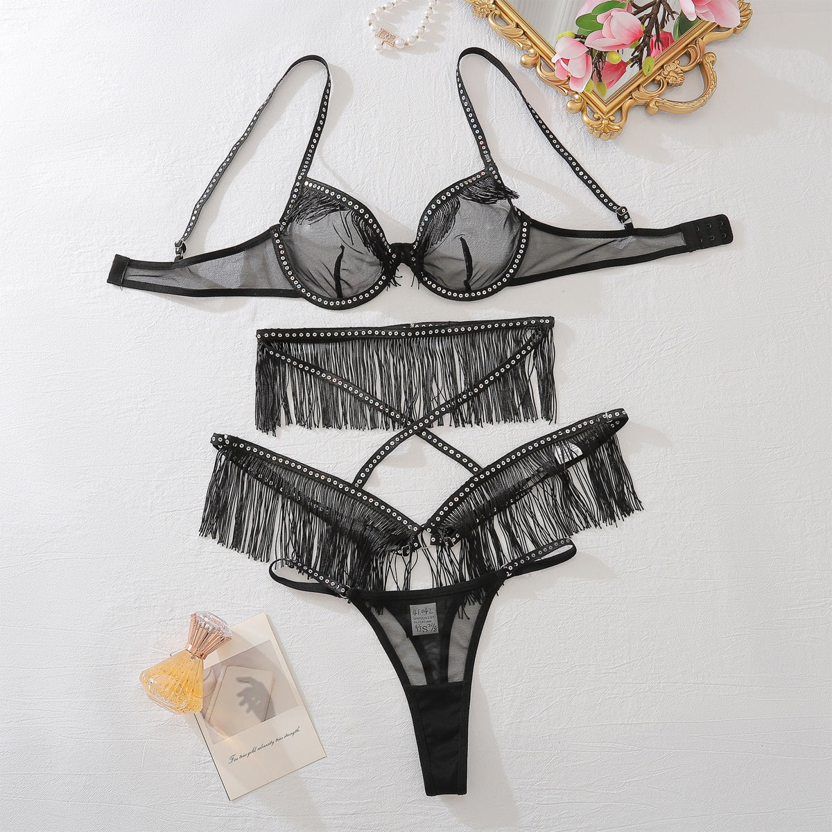 Sexy hollow perspective lingerie three piece set