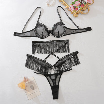 Sexy hollow perspective lingerie three piece set