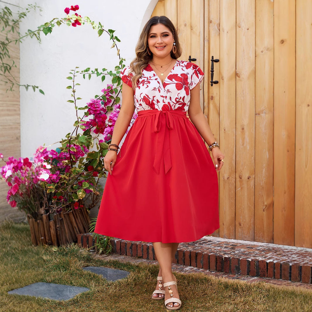 Plus Size Geprinte Patchwork Rode Jurk met Korte Mouwen en Ceintuur