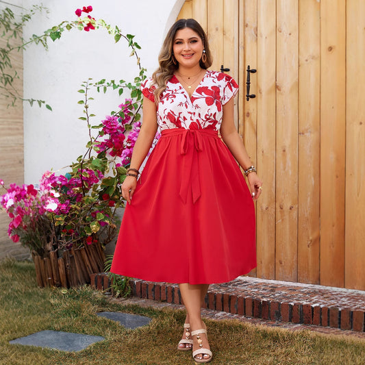 Plus Size Geprinte Patchwork Rode Jurk met Korte Mouwen en Ceintuur