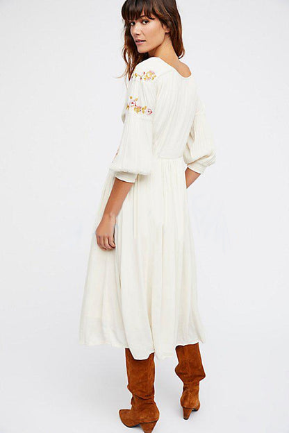 Women's Boho Dress Floral Embroidery Button Down Long Dress V-neck Summer Chic Dress Ethnic Split Robes Sweet Long Dresses