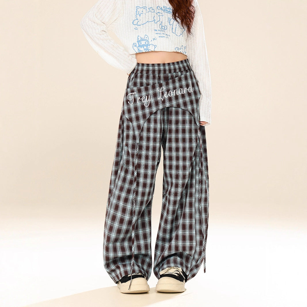 Losse wijde geruite broek met hoge elastische taille