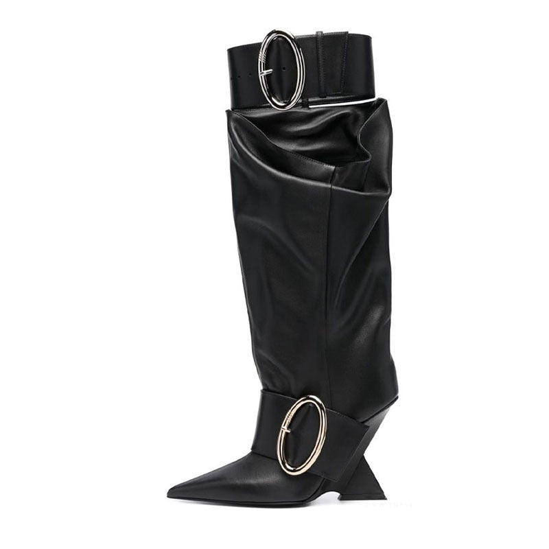 Large Boots Designer Fashion Pointed Shaped High Heels Women's Gold Belt Buckle Knee High Boots