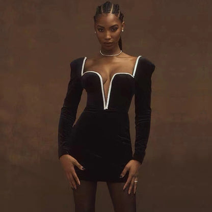 Winter Black Long Sleeve Deep V Neck Club Mini Dress Sexy Women Luxury Diamonds Celebrity Party Bodycon Dresses