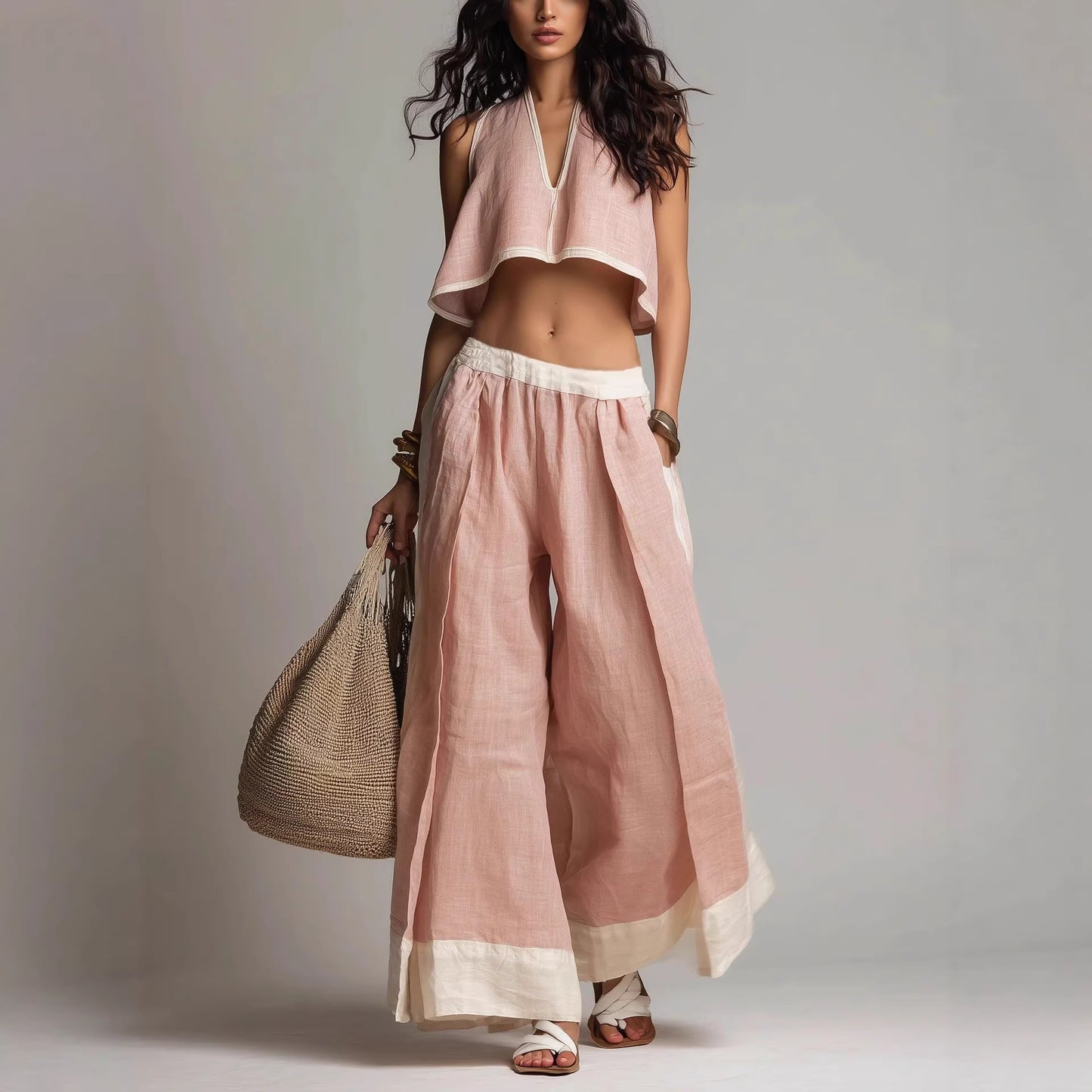 Summer Fashion Casual Temperament Solid Color Sleeveless V-Neck Two-Piece Set