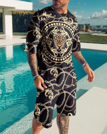 New Men's Korean Suit 3D Printing Trend Digital Printing Round Neck T-Shirt Casual Two-Piece Suit