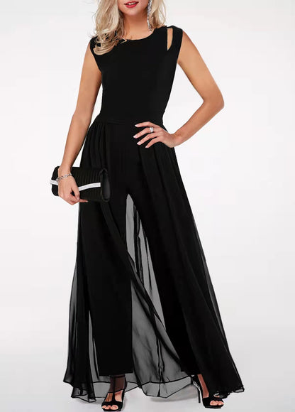 One piece slim fit women's round neck sleeveless hollow solid color jumpsuit