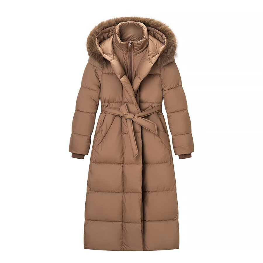 Women's Fashionable Classic Long Cotton Coat with Hand-Inserted Cotton