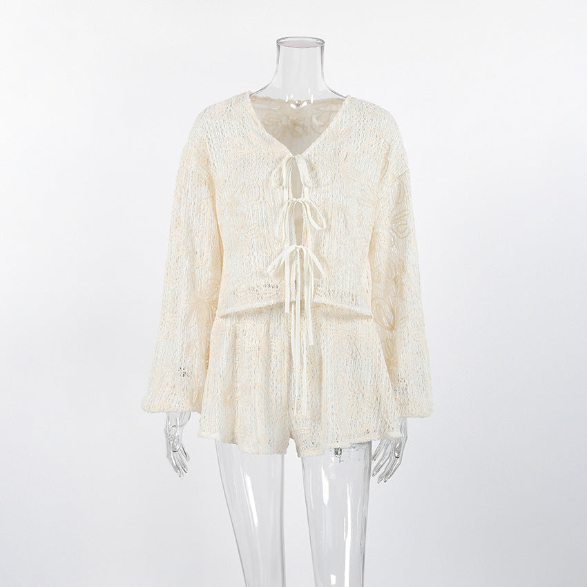 V-neck long sleeved lace up top and shorts two-piece set