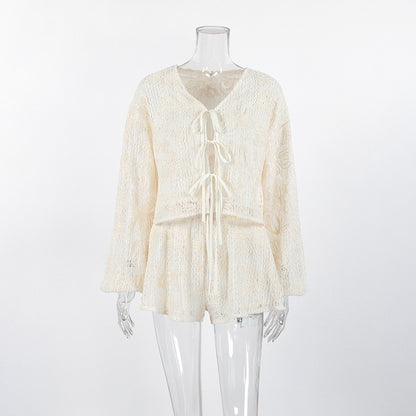 V-neck long sleeved lace up top and shorts two-piece set