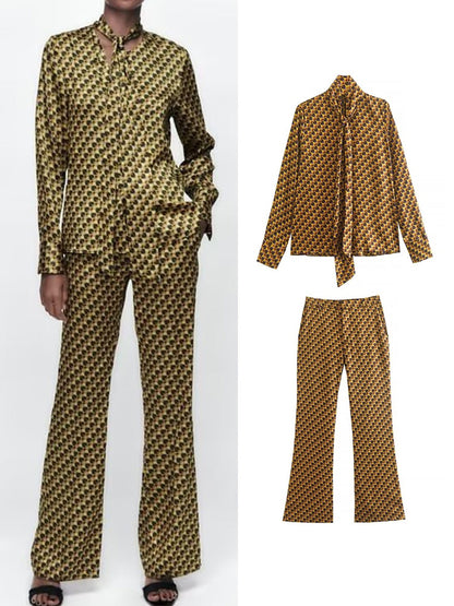 Fashion Plaid Print Pants Sets Spring Autumn Long Sleeved Chic Bow Blouses+Flare Pants Street Casual Outwear