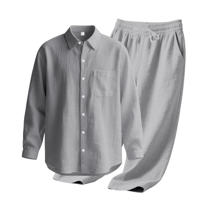 Linen solid color lapel buckle casual long sleeved pants men's suit