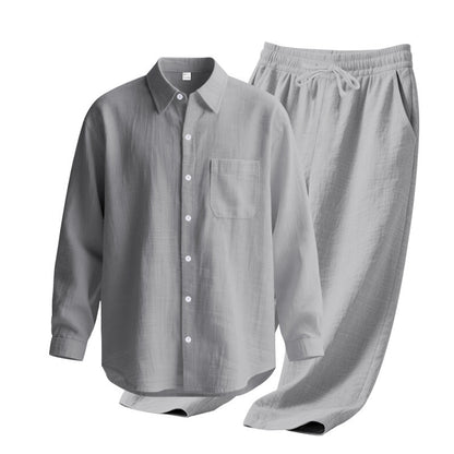 Linen solid color lapel buckle casual long sleeved pants men's suit