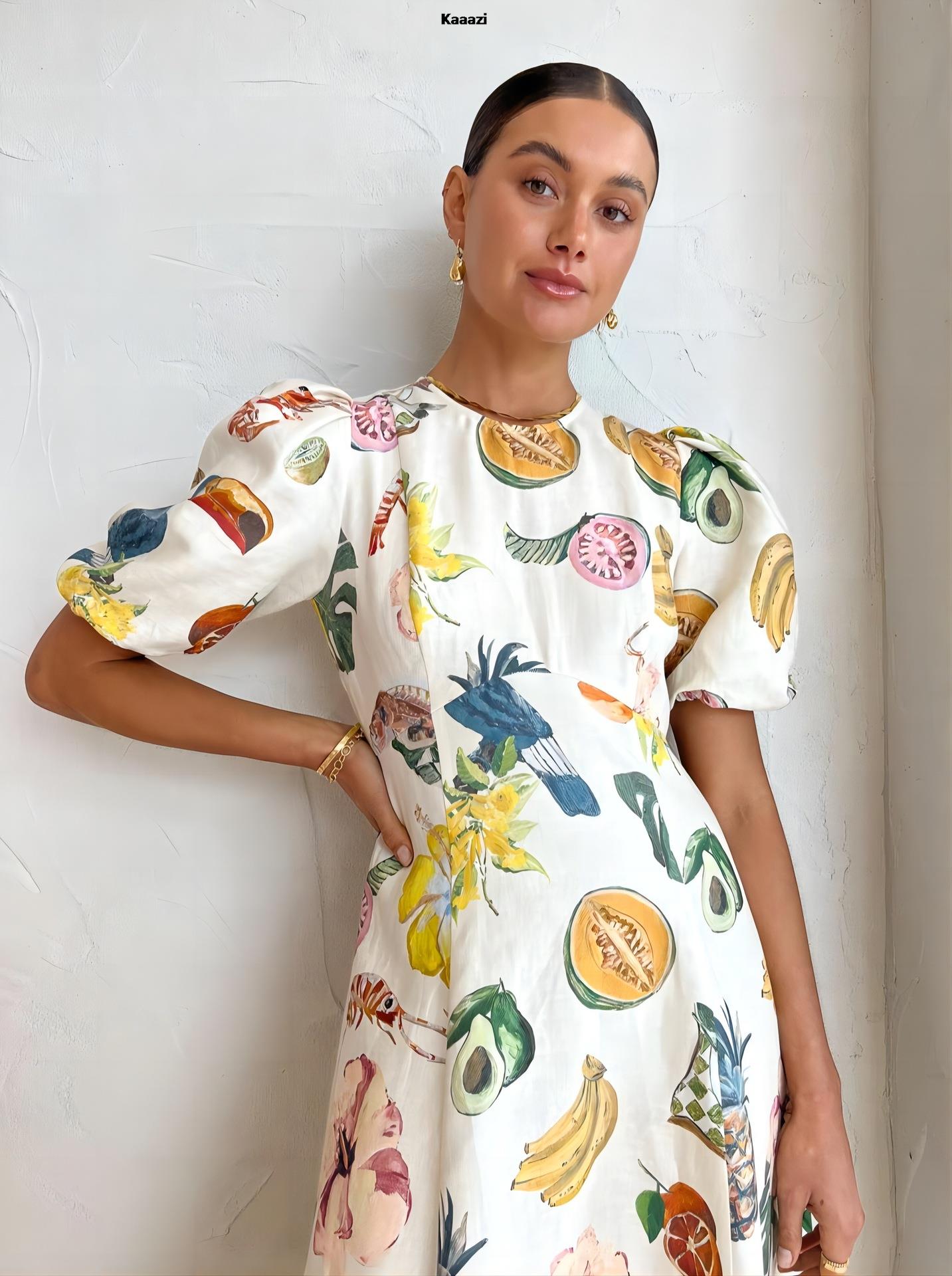Short Sleeve Fashion Vintage Print Maxi Dress Casual Summer Round Neck Puff Sleeve Loose Women Long Dress Slim Fit Elegant Robe