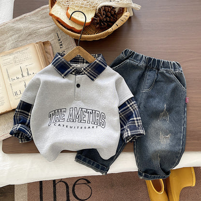 Autumn placket long sleeved two-piece set for infants and children