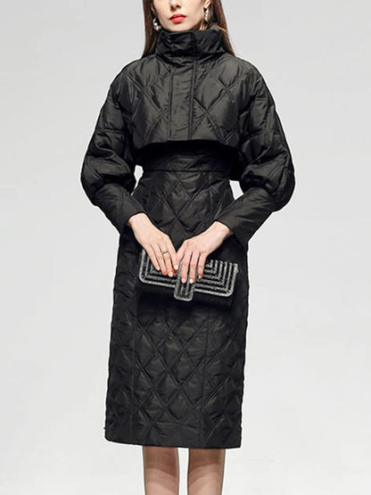 Solid Two Piece Sets For Women Stand Collar Lantern Sleeve Parka O Neck Sleeveless High Waist Dress Chic Set Female