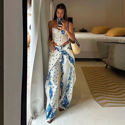 Floral Print Crop Top and Pants Set, Boho Style, Summer Outfit, Allover Print, Sleeveless, Fitted, Casual Wear